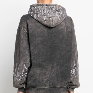 Sweat à capuche oversize en coton délavé pour homme avec imprimé flamme sur les manches, coupe classique, style décontracté, idéal pour l'automne - Product Image 4