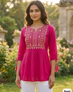 <b>Indian</b> Ethnic Wear Pink Embroidered Thread Work Rayon Kurta Loose Fit Traditional Midi <b>Top</b> Casual Wear India Pakistan Style - Product Image 1