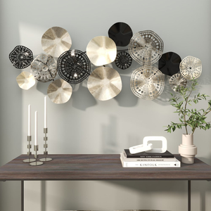 Décoration murale géométrique moderne en métal de 59 pouces, sculpture de médaillon noir, argenté et doré pour la maison - Product Image 1