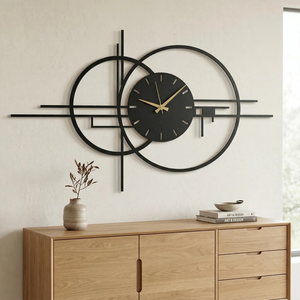 Horloge murale géométrique en métal |   Panneau en acier circulaire abstrait |   Pièce de luxe de style moderne du milieu du siècle |   Grand Horloge Silencieuse Noire - Product Image 3