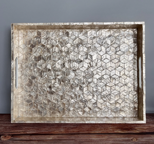 Plateau de service artisanal en bois naturel avec incrustation florale en nacre pour la maison, les restaurants et les hôtels - Product Image 4