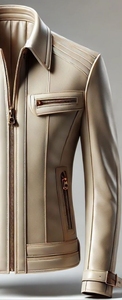 Blouson moto en cuir véritable beige pour homme, col rabattu, fermeture éclair, coupe ajustée, manches classiques, couleur unie, automne - Product Image 4