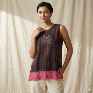 Kurti court en coton pour femme, sans manches, imprimé, tunique décontractée ethnique avec ourlet en dentelle décorative pour l'été, mode indienne - Product Image 1