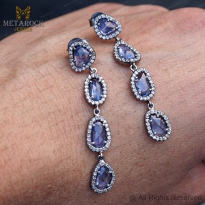 Natural Blue Sapphire & Halo Diamond Long <b>Earrings</b> Oxidized 925 Sterling Silver <b>Dangle</b> Drop <b>Earrings</b> Handmade Wholesale - Product Image 5