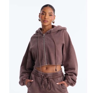 Women's <b>Black</b> Cropped Denim <b>Hoodie</b> With <b>Zipper</b> Front Drop Shoulder Oversized Sweatshirt Autumn Wear - Product Image 3