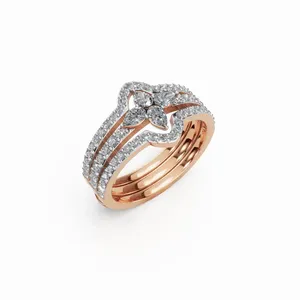 Bague de créateur à double bande en or rose 18 carats avec diamants de culture en forme de poire et de pétales radieux, taille ronde et poire, 68 pierres, pour femme - Product Image 5