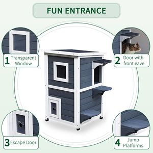 Refugio para Gatos Silvestres de Madera Gris Oscuro de 2 Pisos para Exteriores con Puerta de Escape, Techo Asfaltado Resistente a la Intemperie, Muebles para Mascotas - Product Image 6