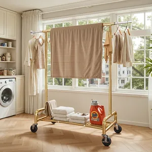Modern Luxury Gold Clothing Rack with Wheels Portable Dress Organizer for Wardrobe Storage Metal <b>Stand</b> with Hooks and Rail - Product Image 2