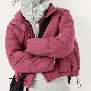 Pink <b>Quilted</b> Puffer Jacket Women's Winter Short Stand Collar Full Sleeve Zipper Closure Thick Polyester <b>Wadding</b> Solid Color - Product Image 4