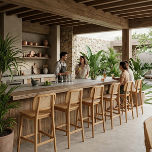 Farmhouse Style Premium Teak Wood Rattan <b>Bar</b> Chair with Fixed Armrest Modern Design Natural Finish Commercial Use <b>Bar</b> Furniture - Product Image 5
