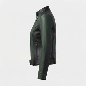 <b>Women's</b> Genuine Leather Motorcycle Jacket Green <b>Black</b> Color Blocked Full Sleeve Stand Collar Autumn Outerwear - Product Image 3
