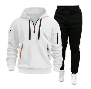 Men's <b>White</b> Hooded Tracksuit Set Full Sleeve Solid Color Hoodie <b>Jogger</b> Pants Side Pocket Breathable Casual Sportswear Autumn - Product Image 1