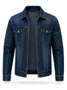 Chaqueta de Mezclilla Azul Oscuro para Hombre, Corte Regular, Cierre de Cremallera, Estilo Casual, Lavado a la Piedra, para Otoño, 100% Algodón Tejido - Product Image 4