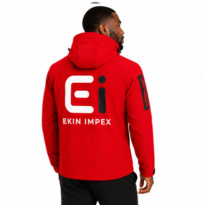 Custom Premium Softshell Safari <b>Jacket</b> <b>Waterproof</b> Windproof Hooded Outdoor Sportswear Reflective Logo <b>Red</b> Accents Heated - Product Image 4