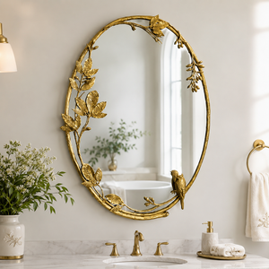 Miroir mural ovale doré avec cadre décoratif à feuilles botaniques et oiseaux, miroir antique pour salle de bain, salon, décoration murale - Product Image 1