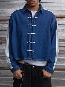 <b>Mens</b> <b>Denim</b> <b>Jacket</b> Indigo Frog Button Side Stripe Oriental Kung Fu Boxy Streetwear Washed Zip Up Collared Custom OEM Supplier - Product Image 4