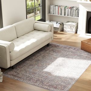 Tappeto Tradizionale con Stampa Floreale Lavabile in Lavatrice 4x6 Antiscivolo per Soggiorno e Camera da Letto Grigio e Marrone - Product Image 3