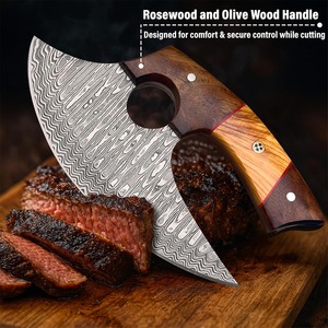 Cuchillo Ulu de Damasco hecho a mano con funda de cuero - Cuchillo de espiga completa - Mango de madera - Picador de verduras y picador de pizza - Product Image 4