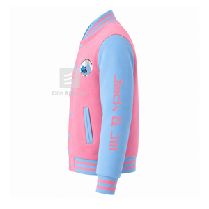 Chaqueta universitaria personalizada de la hermandad Jack & Jill of America, azul cielo y rosa, manga larga, cierre frontal con cremallera, cuello con ribete, logotipo bordado. - Product Image 4