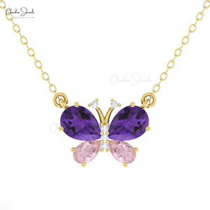 Hot Products 7×5mm Pear Cut Amethyst & Pink Morganite <b>Necklace</b> in 14k Solid Gold with Diamond Butterfly Nature Inspired Jewelry - Product Image 3