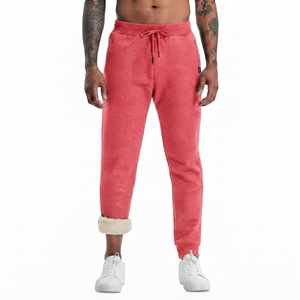 Mens Heather Red Sherpa Lined Fleece Joggers Lightweight Warm Spring Sweatpants Casual Athletic Sports Trousers Drawstring - Product Image 1