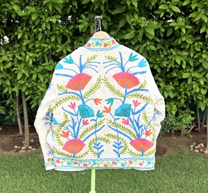 Hand Embroidered Floral Cotton Bomber <b>Jacket</b> <b>Women</b> Stand Collar Three Quarter Sleeve Prairie Chic <b>Spring</b> Autumn Boho Style Open - Product Image 6