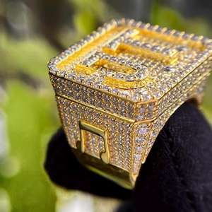 Iced Out JT <b>Initial</b> <b>Ring</b> Round Moissanite Diamond Style Hip Hop Bling Square Statement <b>Ring</b> Mens Luxury Design - Product Image 6