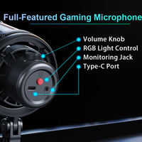 Mikrofon Kondensor Kardioid dengan Bracket Lengan Boom, Pencahayaan RGB, Ringan, USB Type-C, untuk PC Gaming, Live Streaming, dan Rekaman Suara