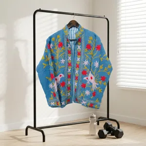 Women's 100% Cotton Knitted Stand Collar Floral Embroidered Bird Pattern <b>Long</b> Sleeve <b>Cardigan</b> Jacket for Autumn/Winter - Product Image 4