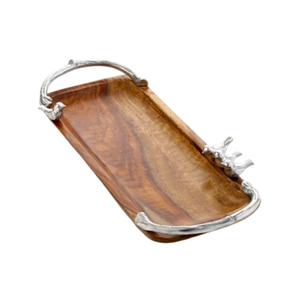 Bandeja ovalada de madera natural de alta calidad con elegantes asas de metal plateado con detalles de toro para uso en el hogar, hoteles y restaurantes. - Product Image 2