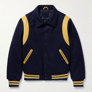 Veste de sport pour homme bleu marine avec accents en cuir jaune, col rabattu, coupe classique, style preppy, mélange de laine et de polyester - Product Image 1