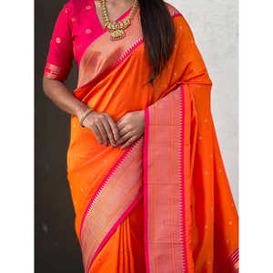 Sari Paithani de Seda Suave Naranja con Tejido Zari, Elegante Ropa de Fiesta India y Pakistaní de Elite Weaves, 650g, Verano/Invierno - Product Image 2