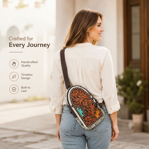Western Hair On Hide <b>Tooled</b> Leather Sling <b>Backpack</b> for Women Handmade Floral Crossbody Shoulder Bag Vintage Boho Travel Style - Product Image 3
