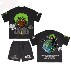 Ensemble T-shirt et short en coton épais 240 GSM, impression graphique personnalisée, logo, style streetwear, tenue noire, ensemble 2 pièces - Product Image 1