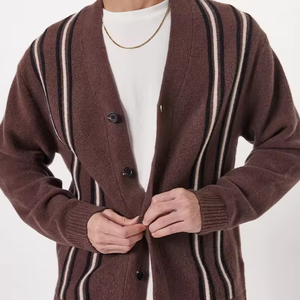 Cárdigan transpirable de mezcla de algodón con cuello en V para hombre, estilo vintage, con rayas, de punto, con botones, suéter de moda. - Product Image 3