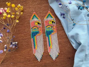 Pendientes largos de moda con cuentas de loro, pendientes de flecos con cuentas de semillas, pendientes de aves con cuentas, pendientes de naturaleza, pendientes tropicales, para regalo - Product Image 6