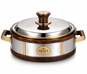 Olla térmica de lujo de acero inoxidable con acentos dorados y acabado de madera, juego de cacerola para servir alimentos calientes - Product Image 1