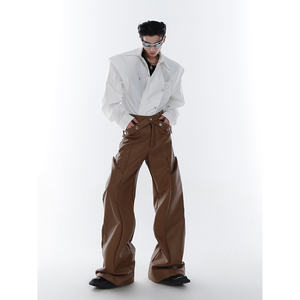 Pantalones Anchos de Cuero Sintético Marrón y Negro, Casuales, Largos, Holgados, de Diseño de Lujo para Hombre, Marca Mauroicardi, Primavera-Otoño 2023 - Product Image 2