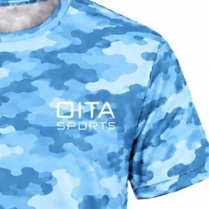 T-shirt camouflage bleu ciel pour hommes, manches courtes, col rond, imprimé camouflage, entraînement athlétique, gym, course à pied, vêtements de sport performants - Product Image 4