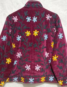 Premium Burgundy <b>Velvet</b> Embroidered Suzani <b>Jacket</b> With Floral Pattern Full Sleeve Stand Collar Bohemian <b>Women</b> Winter Outerwear - Product Image 6