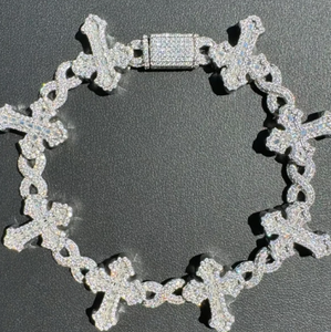 Iced Out Cross Link <b>Bracelet</b> with Moissanite 10K Gold Plated <b>Silver</b> Hip Hop Bling Jewelry for Men - Product Image 2