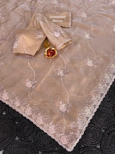 Premium Fendy Satin Silk <b>Saree</b> Heavy Handwork Sequence Beads Borders Designer Indian Wedding Wear Sarees Unstitched <b>Blouse</b> Piece - Product Image 4