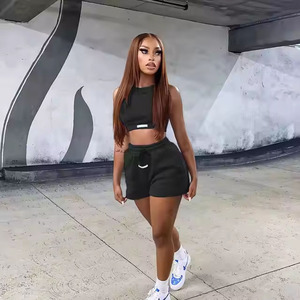 Women Winter Workout 2pcs Solid Embroidered <b>Crop</b> Tank <b>Top</b> Shorts Set Custom Logo Printed Fitness Activewear Gym Short Set - Product Image 3