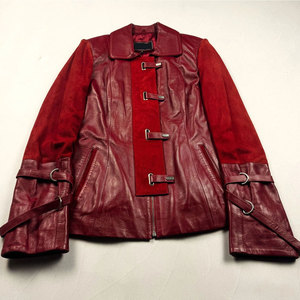 Vintage Red Leather <b>Jacket</b> Buckle Front Biker Motorcycle Genuine Leather Coat 2026 - Product Image 3
