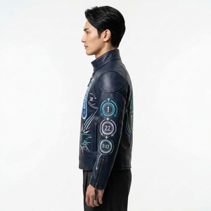 Chaqueta de Cuero Genuino Bordada Estilo Motero con Cierre de Cremallera, Cuello Alto, Estilo Urbano, Corte Regular, Estilo Boxeo - Product Image 4