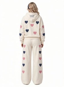 Ensemble de survêtement pour femme OneTen, imprimé cœur crème, à capuche, manches longues, pantalon large, coupe ample - Product Image 5