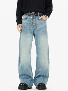 Jean en denim taille haute coupe ample à jambe large avec broderie, style streetwear, pour l'automne, en coton mi-lourd délavé - Product Image 1