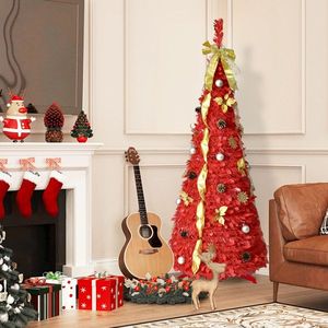 Árbol de Navidad Rojo de 6 Pies con 150 Luces LED Blancas Cálidas, 4 Cintas, Lazos, Flores, Copos de Nieve, Adornos de Pino, Decoraciones Navideñas - Product Image 1