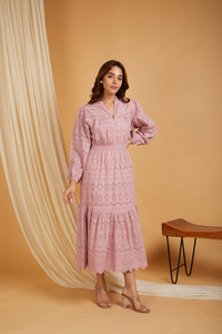 Mauve Eyelet Embroidered Maxi <b>Dress</b> <b>Long</b> Puff Sleeve Smocked Waist Tiered Hem Woven Cotton Prairie Chic Casual Midi <b>Dress</b> - Product Image 1