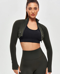 Women's Olive Green Full Sleeve Crop <b>Top</b> Pullover Closure Black Sports Bra <b>Layered</b> Look Regular Fit Solid Color Printed All - Product Image 1